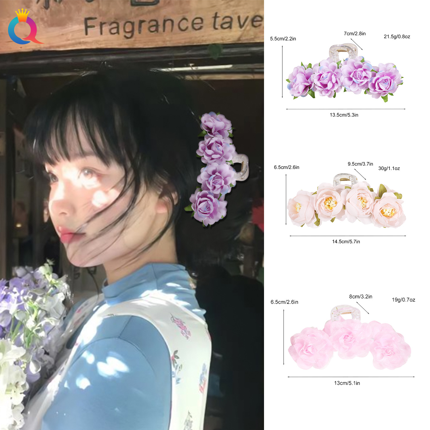 Qiyue realistic Flower Grabber, forest-style sweet rose hairpin, Super fairy-like shark clip for the back of the head, large size wholesale Application Scenario