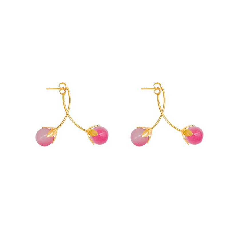 Korean sweet pink cherry earrings, super fairy-like, versatile, cute and elegant back-hanging stud earrings, best-selling earrings wholesale Item Picture