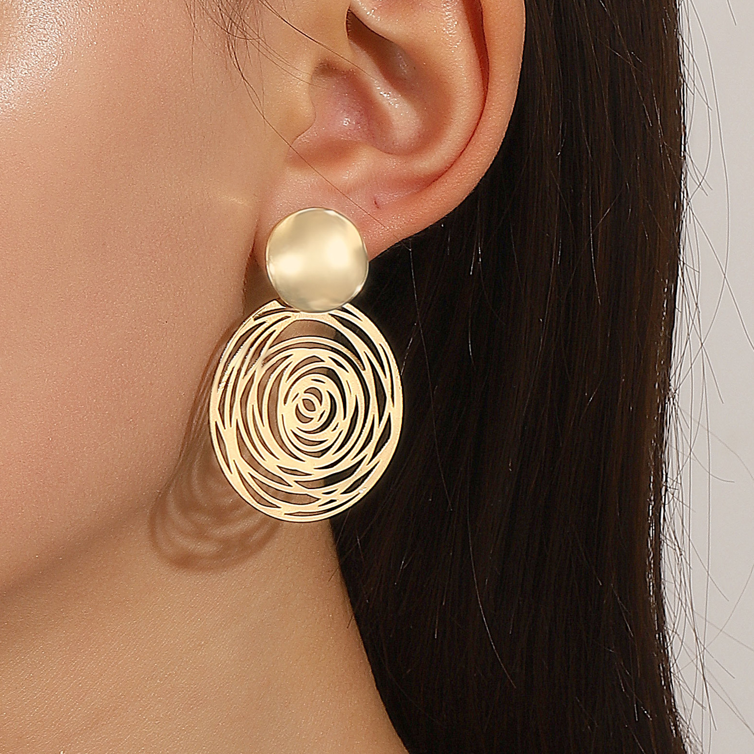 Cross-border hollowed-out butterfly geometric earrings, women's ins style, exaggerated European and American temperament, alloy round and square stud earrings details Picture