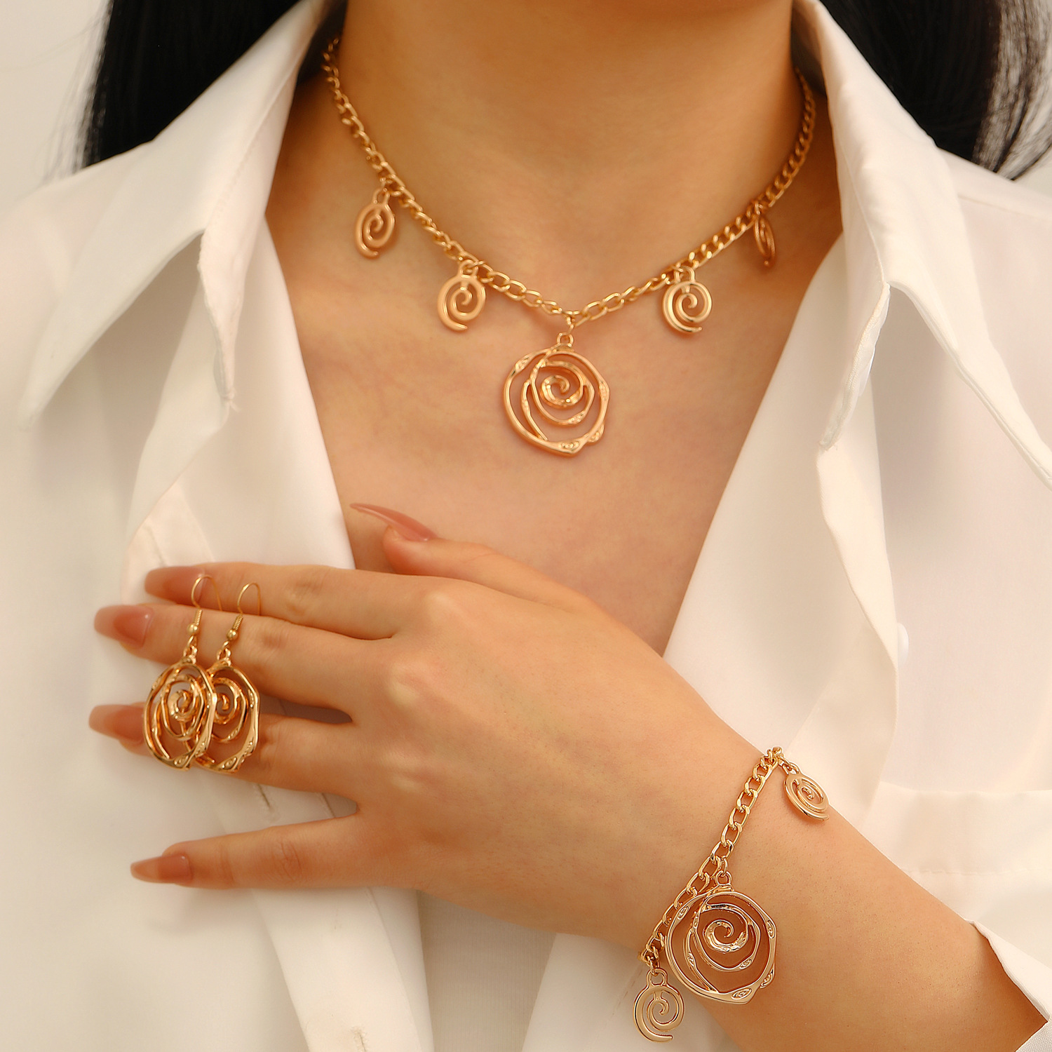 European and American cross-border jewelry, exaggerated flower vortex earrings, bracelet, necklace, three-piece jewelry set, high-end look for women full figure