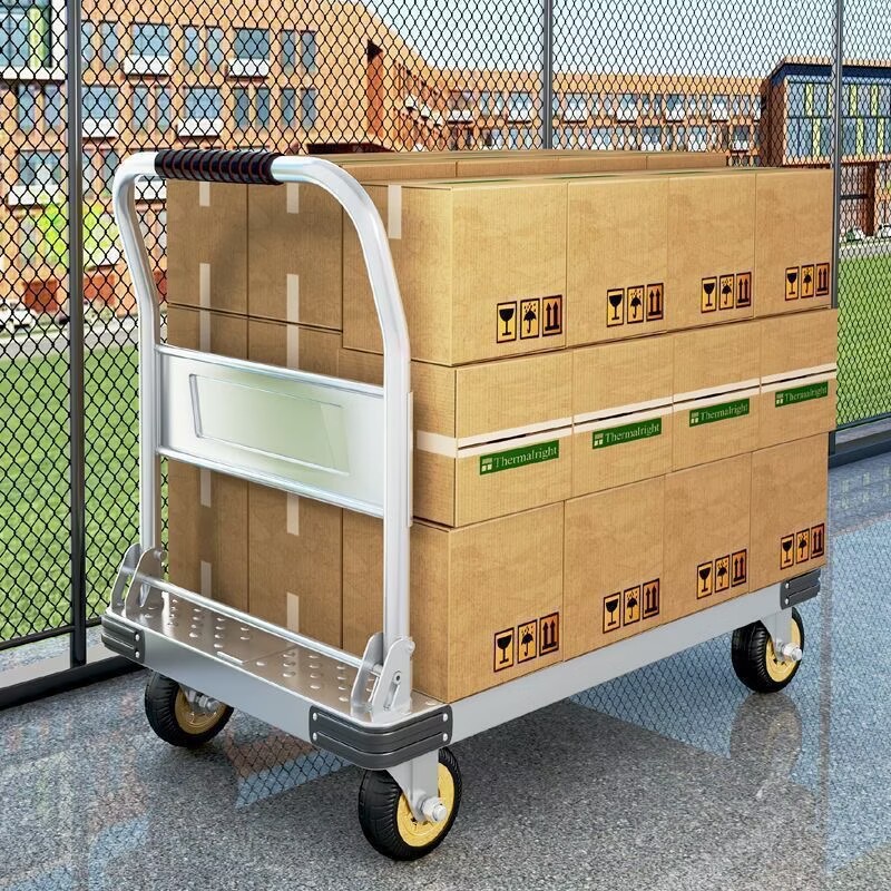 Flat trolley folding, silent logistics, express delivery, supermarket cargo transportation, flat trolley, plastic steel plate small trolley Application Scenario