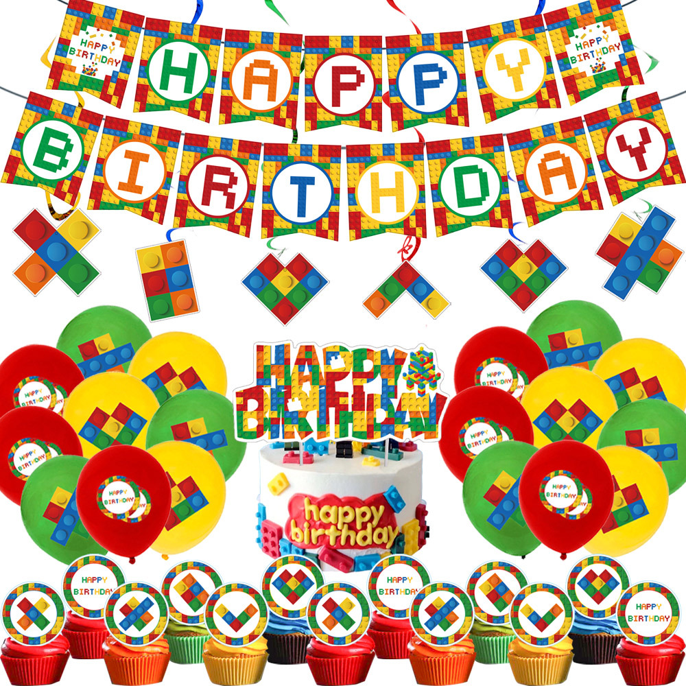 Lego party supplies, LEGO triangular flag paper hat tablecloth, boys' birthday supplies, children's birthday Application Scenario