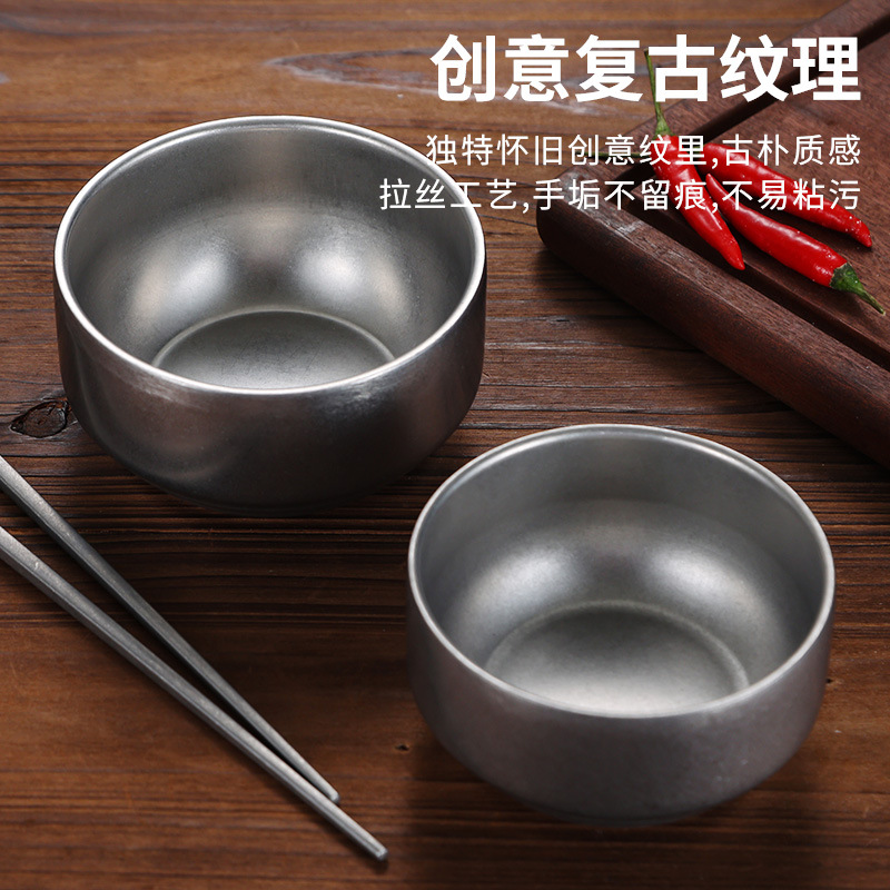 Retro stainless steel rice bowls and soup bowls, 304 with LIDS, household double-layer heat-resistant cooking bowls, Korean-style tableware small bowls for restaurants full figure