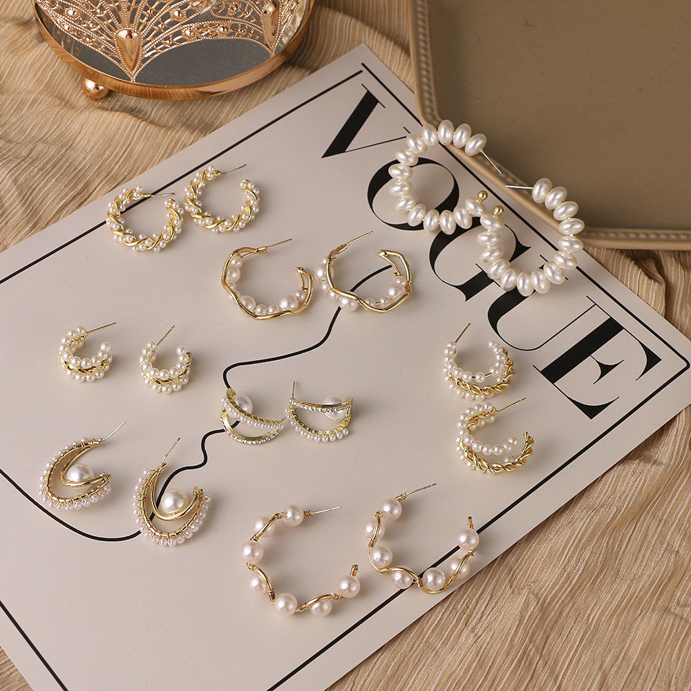 Korean pearl earring set, retro style, hand-woven earring accessories, ins stud earrings, women's accessories 2146 details Picture