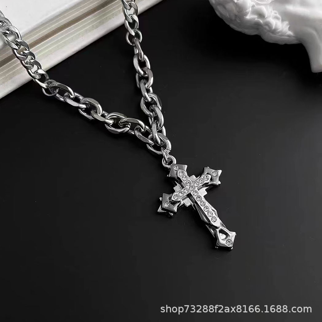 European and American trend diamond-encrusted double-layer cross pendant stainless steel necklace, hip-hop style light luxury long sweater chain full figure
