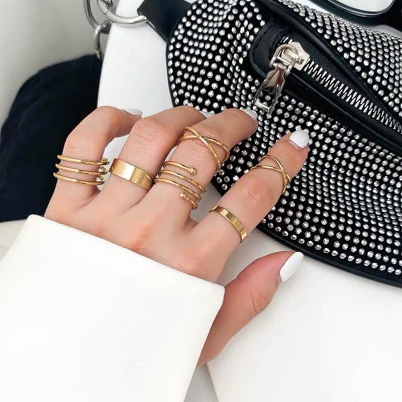 Wholesale of retro and personalized six-piece metal index finger ring jewelry with open geometric cross rings for European and American trade full figure