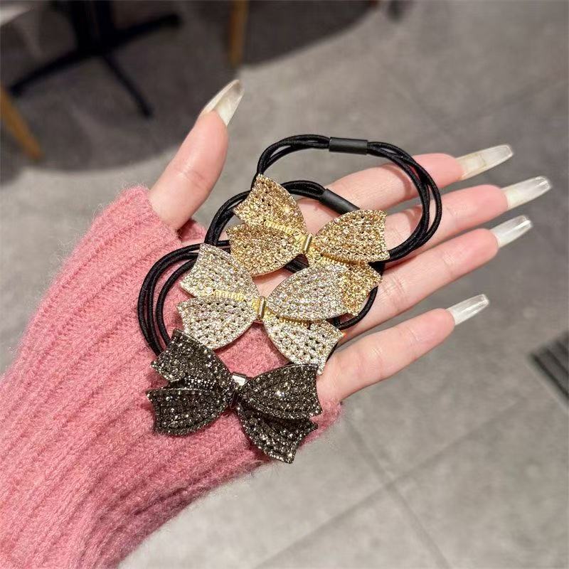 New bow diamond hair tie, black ponytail style hair tie, high-elasticity and durable bun hair band details Picture