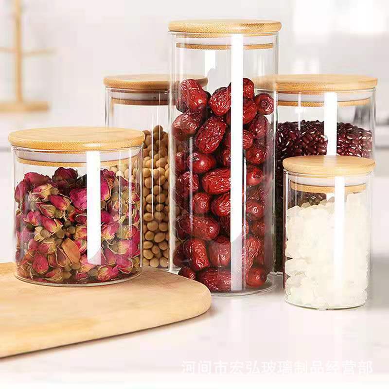 Bamboo lid sealed storage jar, large-capacity kitchen storage jar, heat-resistant tea jar set, zero-sugar nut bottle full figure