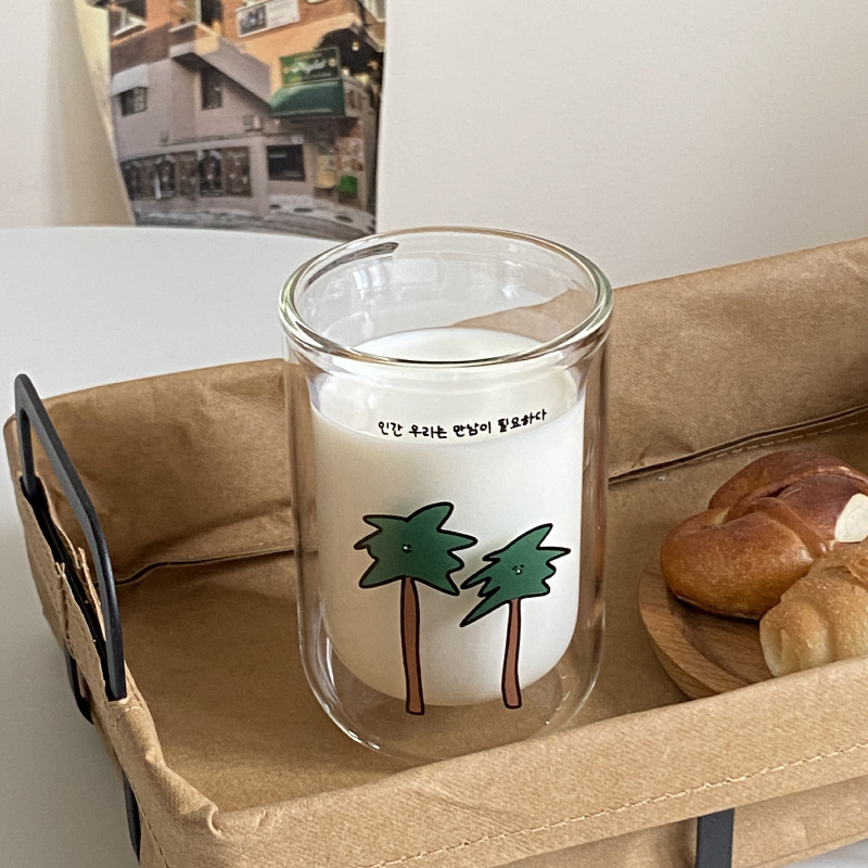 A niche double-layer high borosilicate coconut tree glass cup that can withstand high temperatures Specification drawing