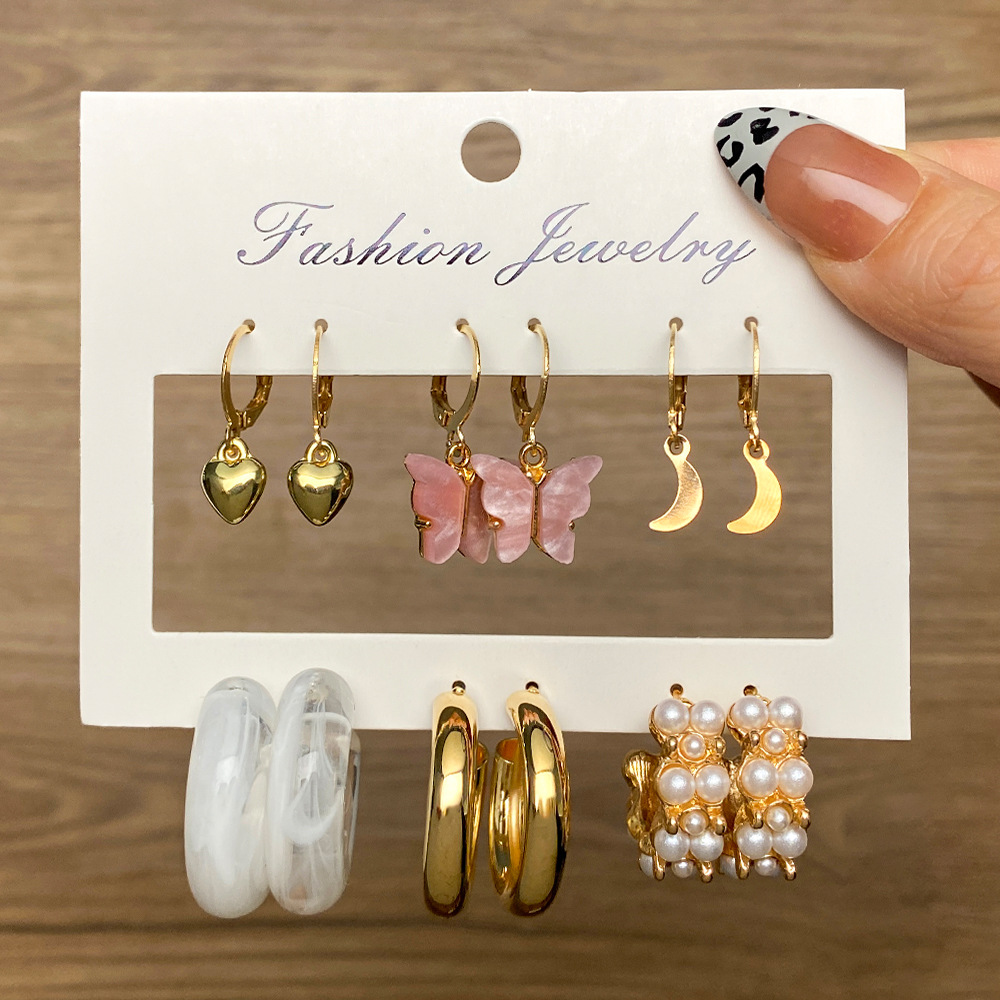 Korean jewelry World Cross-border Ear Ring Retro Pearl Earring Set 6-piece acrylic butterfly pendant earrings HZS2386 full figure