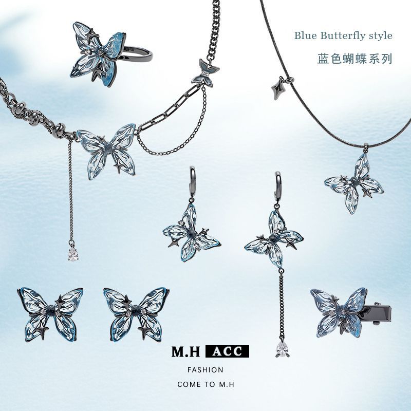 Korean blue butterfly series earrings 925 High-end silver needle Stud earrings 2024 New style fashionable and trendy earrings for women full figure