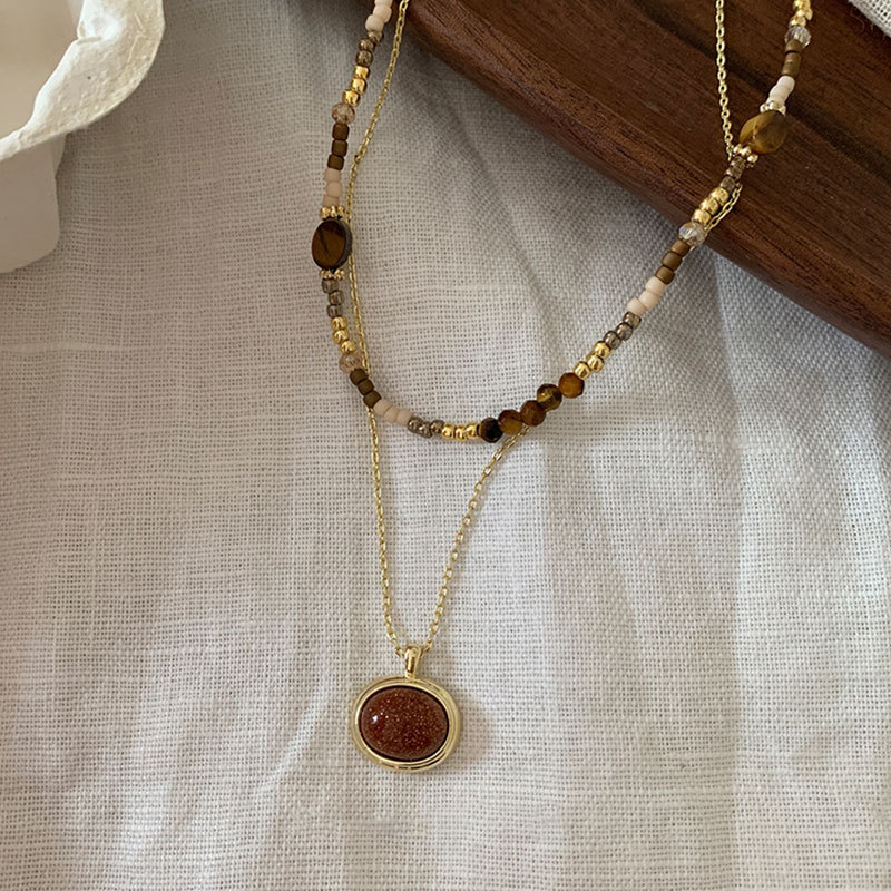 A unique and retro tiger's eye stone beaded layered necklace for women's Maillard, a fashionable and versatile necklace sweater chain details Picture