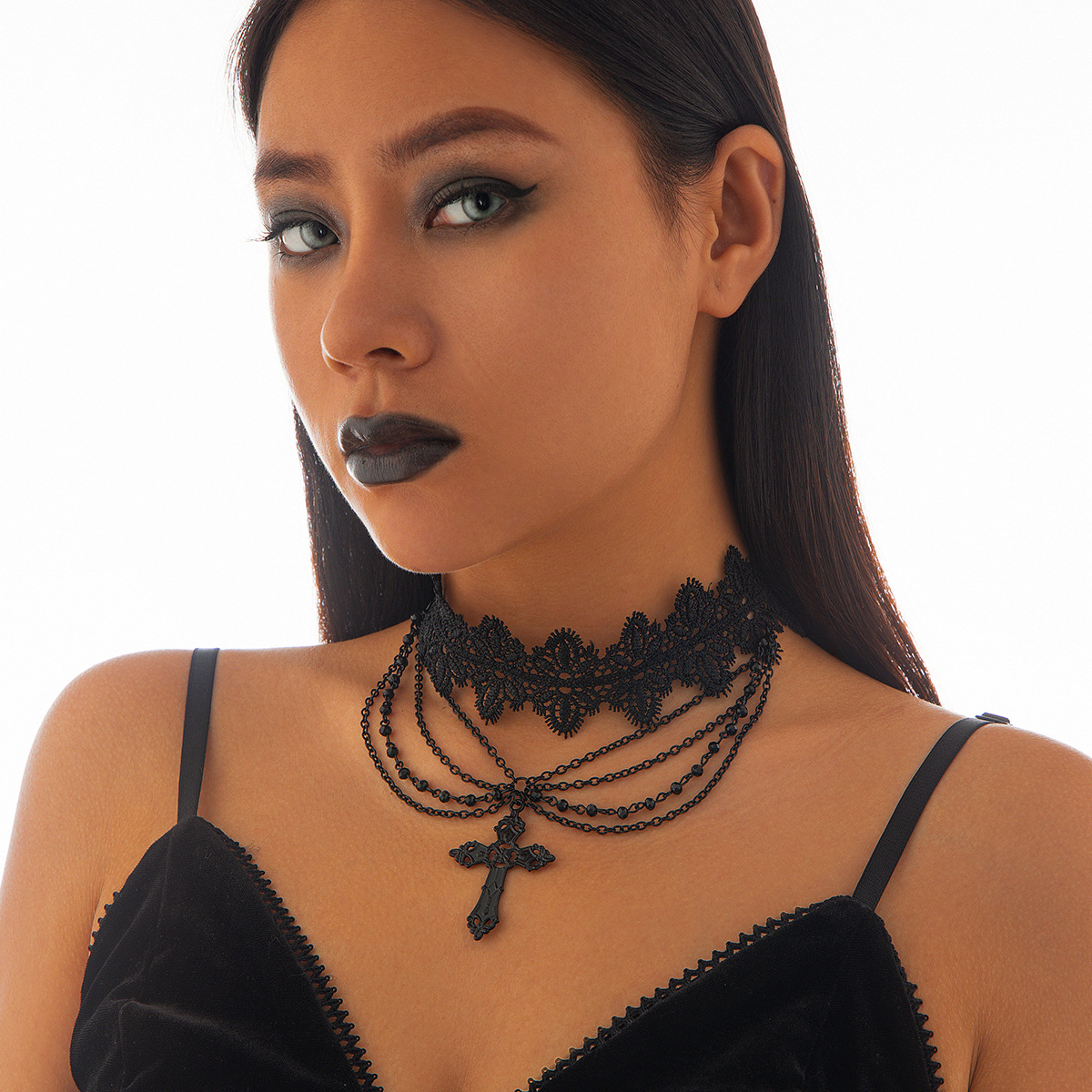 European and American cross-border accessories punk beaded choker tassel chain girls Halloween party imitation gemstone handmade necklaces full figure