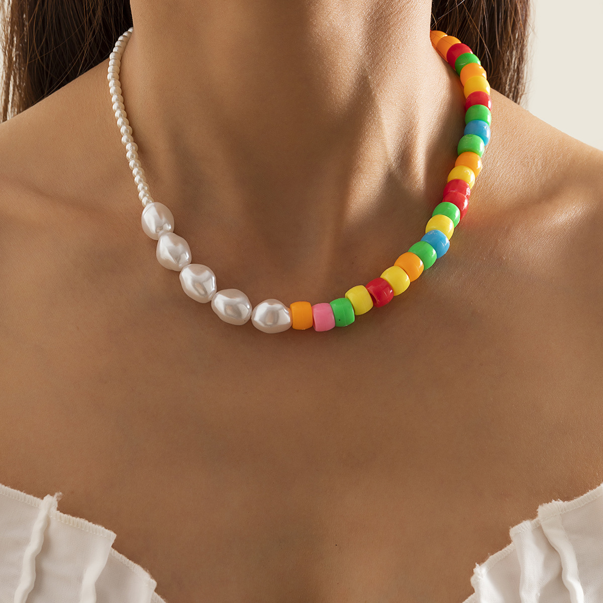 European and American cross-border jewelry: Simple candy-colored patchwork round bead collarbone chain, color-blocking single-layer pearl imitation necklace Specification drawing