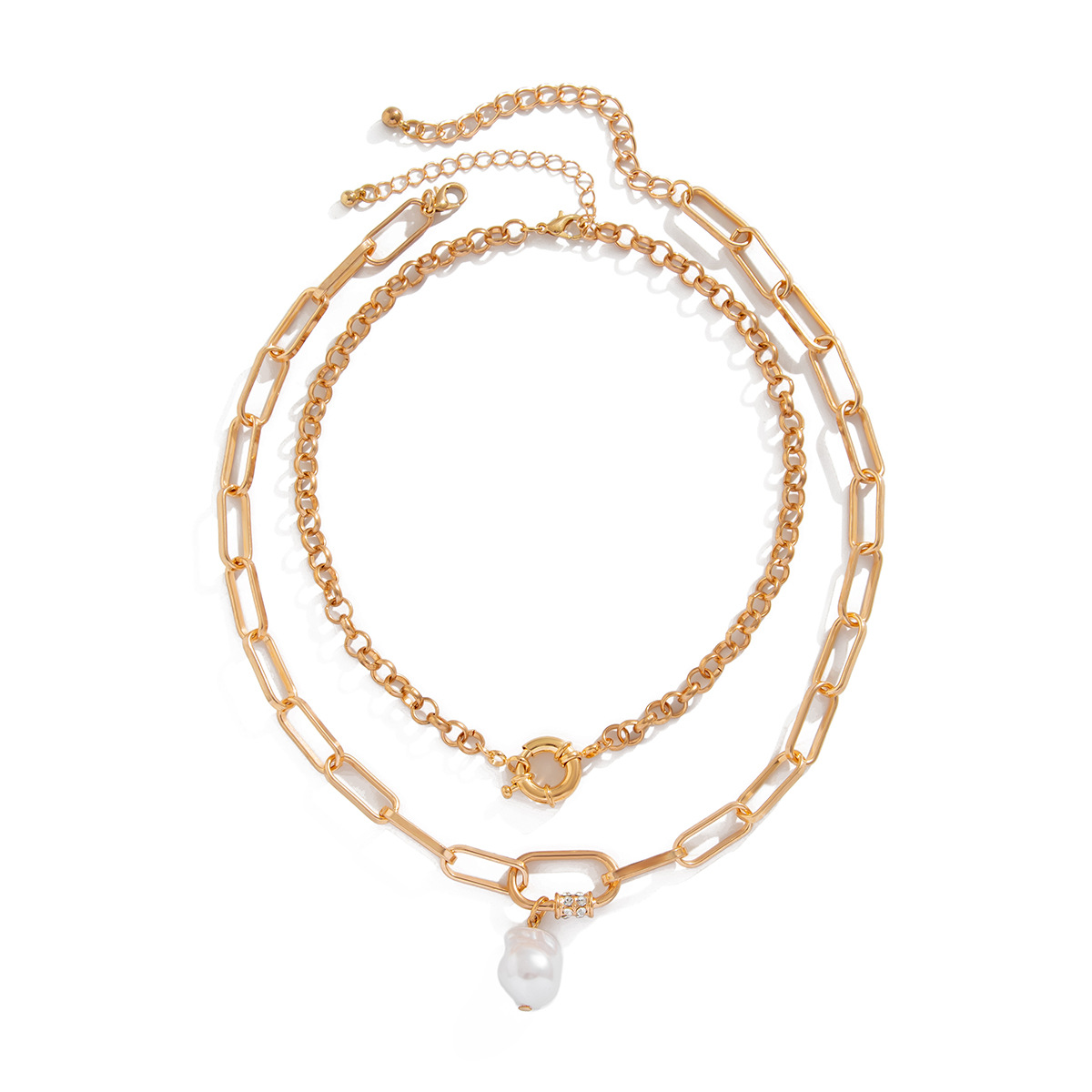 European and American cross-border jewelry, high-end alloy OT buckle thick chain necklace, Baroque pearl multi-layer collarbone chain for women Item Picture