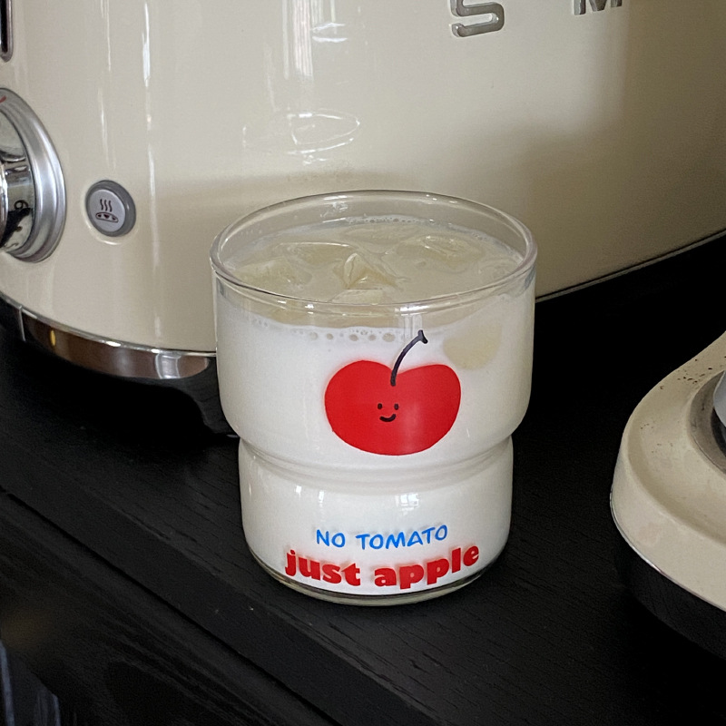 A unique Instagram cartoon red apple smiling tempered glass cup, simple hand-painted coffee cup gift, heat-resistant 220ml Specification drawing