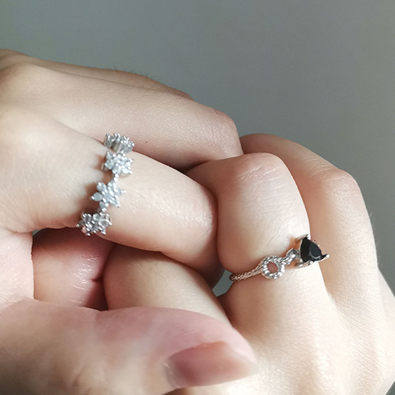 Exquisite zircon star flower heart black zircon slightly set open ring feminine ins cold style ring trend details Picture