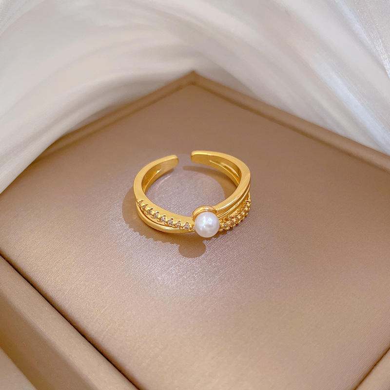 【 Real Gold 】 Cross-pearl full diamond ring with adjustable opening, simple Japanese-style bracelet, couple rings Specification drawing