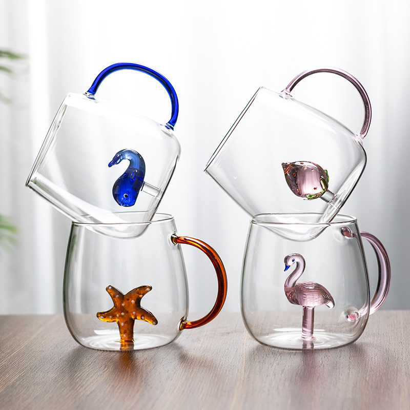 Creative three-dimensional glass cup, high-temperature resistant household high borosilicate milk coffee cup with handle, high appearance level office water cup full figure