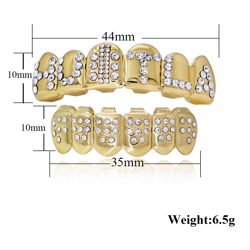 New European and American diamond-encrusted real gold electroplated English letter hip-hop gold braces as Halloween gift accessories Application Scenario