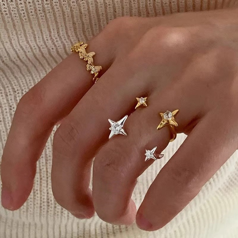 Korean version four-pointed star zircon open ring for women, a niche design with a high-end feel, unique personality and versatile ring full figure