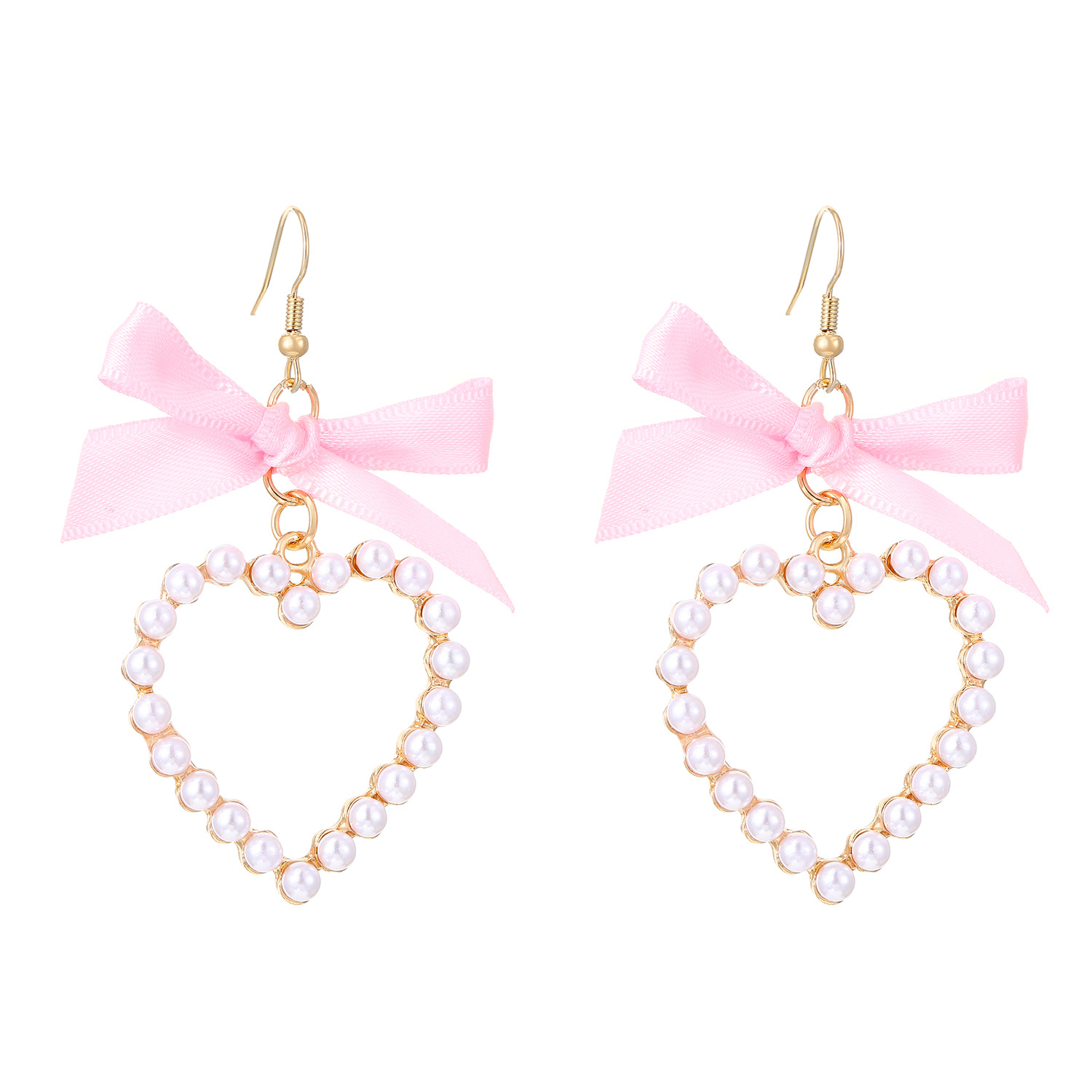 Cross-border sweet and cute bow ribbon imitation pearl heart earrings, women's fashionable and elegant, niche and high-end earrings Item Picture