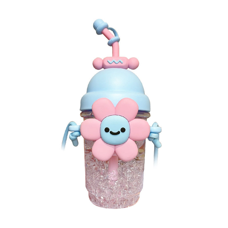 Sunflower straw plastic cup, large-capacity cartoon children's water cup, girls' high appearance level, fashionable flower cup with handle Item Picture