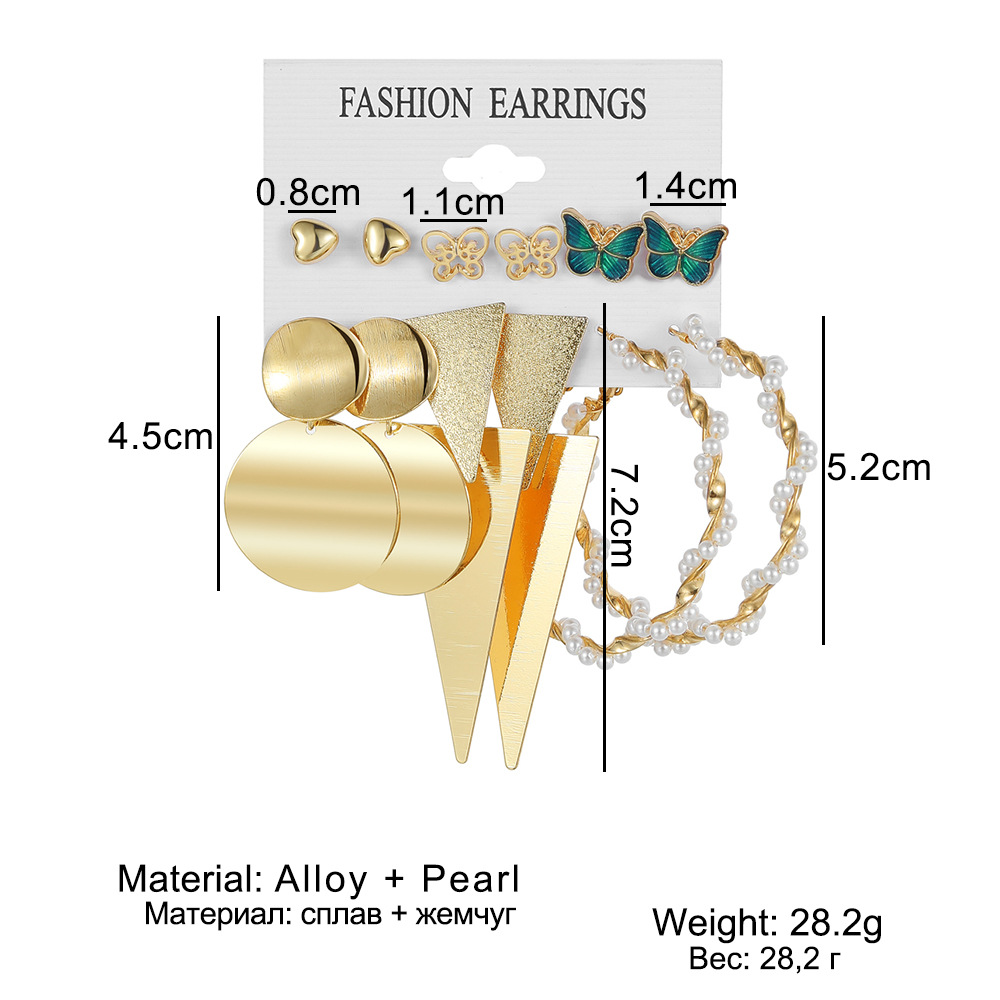 Cross-border multi-layer geometric circle inlaid rhinestone butterfly stud earring set 6 pairs of creative butterfly pendant ear ring earrings details Picture