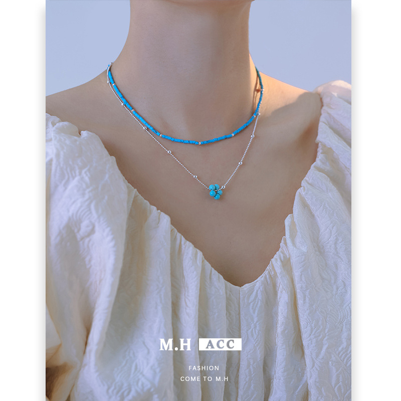 A new Instagram niche layered turquoise flower necklace for women, fresh, fashionable, retro, simple and high-end collarbone chain Specification drawing