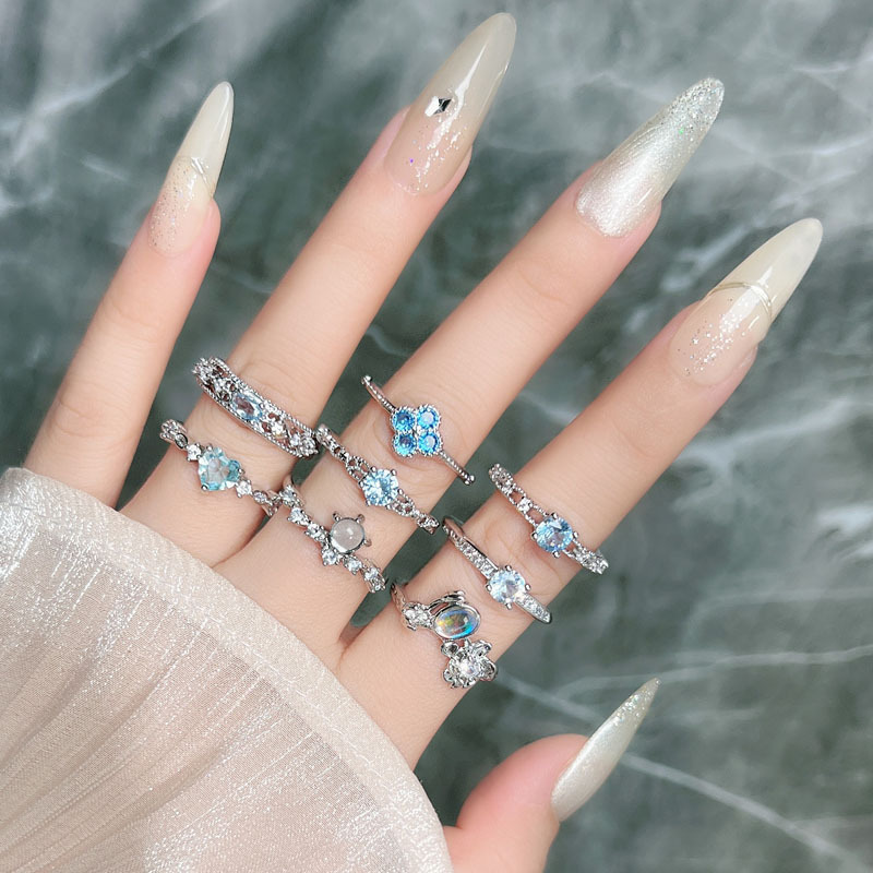 French cold and elegant blue diamond geometric micro-set open ring, women's Instagram cold style, light luxury and simple moonstone ring full figure