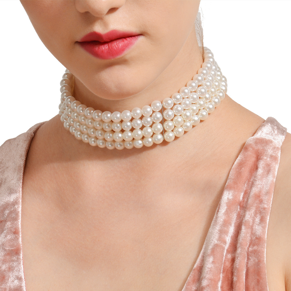 European and American fashion accessories street style popular and mass-market necklaces, handcrafted multi-layer pearl necklaces, women's choker details Picture
