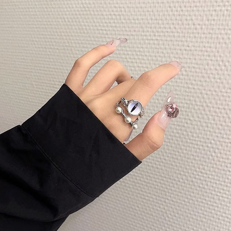 A niche dark style double-layer cat's eye pearl ring women's ins set, a niche cold style high-end open ring details Picture