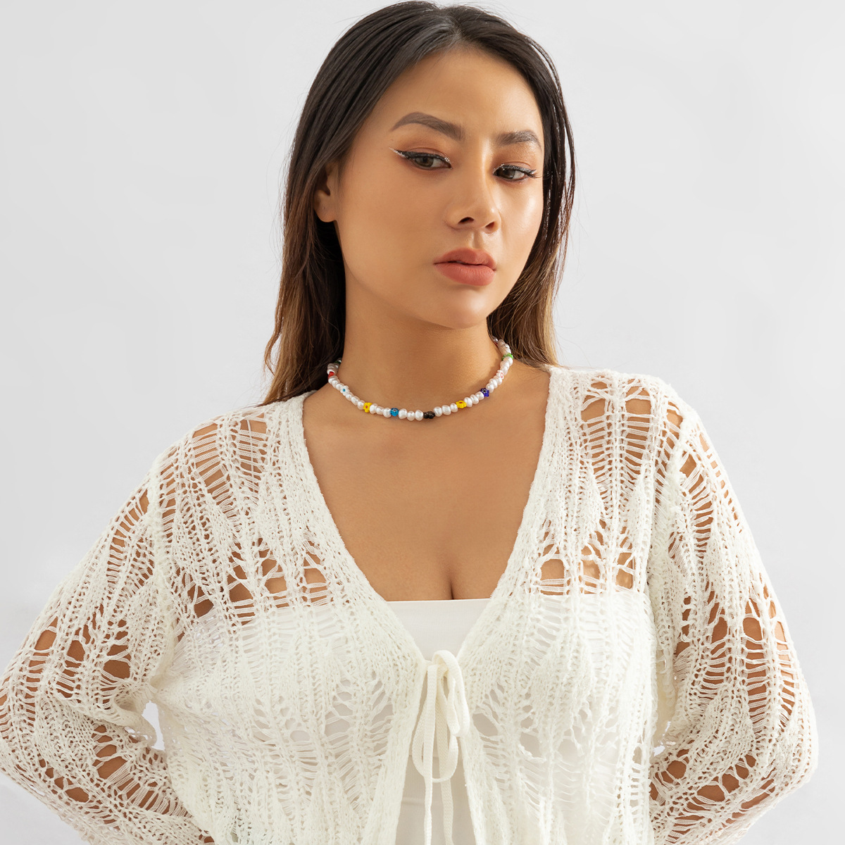 European and American cross-border jewelry, Bohemian ethnic versatile beaded collarbone chain, sweet and simple glass flower necklace Specification drawing