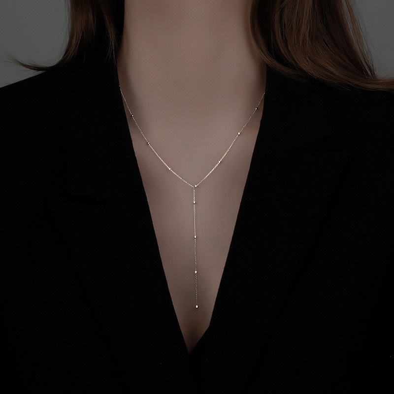 Silver round bead tassel necklace, 2023 new women's summer style simple and cold collarbone chain, light luxury and niche design sense Specification drawing