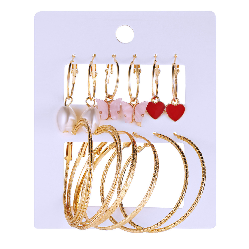 New cross-border personalized ear ring set, six-piece set of pearl heart butterfly pendant earrings, ins Item Picture
