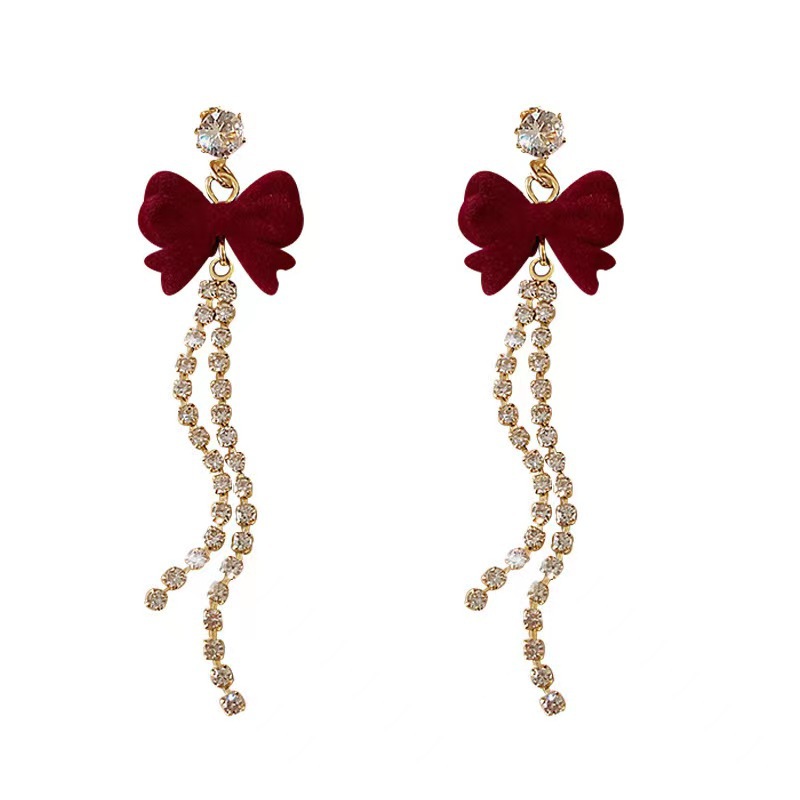 Wine red bow tassel earrings for women, a new style of earrings in 2025, a trendy, niche, high-end and elegant look Item Picture