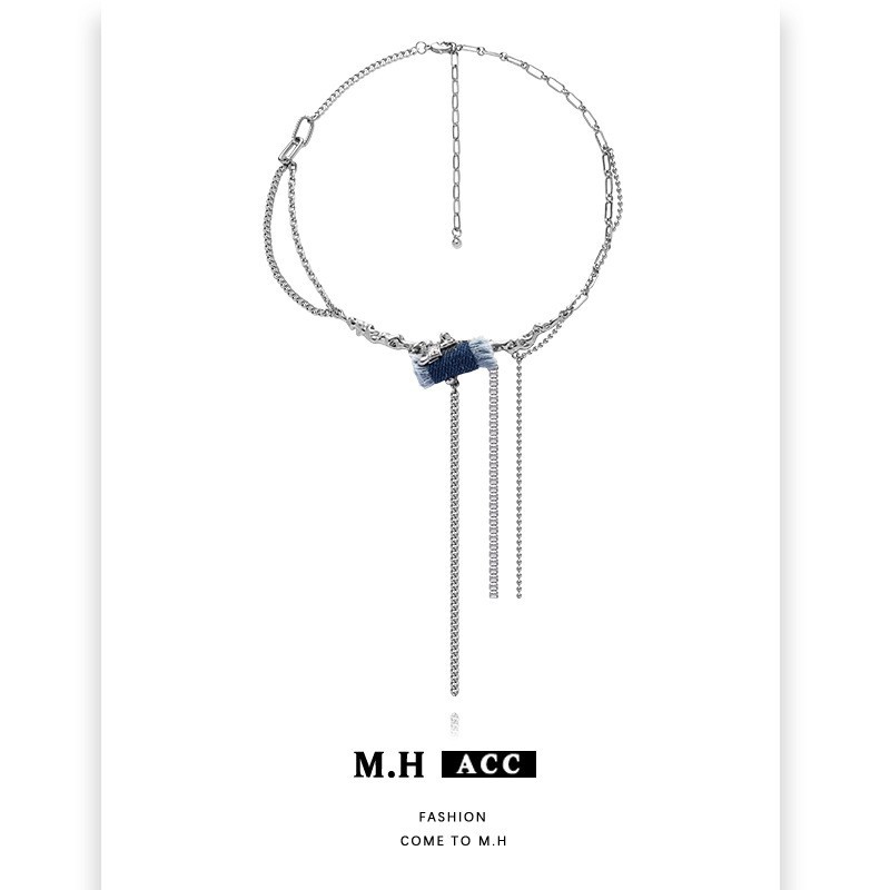 Denim tassel necklace, women's hip-hop high-end fashion sweater chain, personalized Internet celebrity design, winter wholesale necklace details Picture