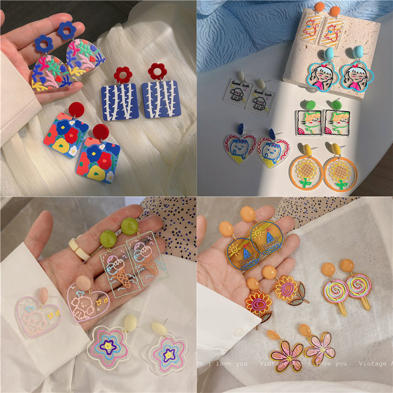 Colorful acrylic series ear studs ~ Korean-style girlish style earrings, Instagram niche and versatile, color-blocking cute earrings full figure