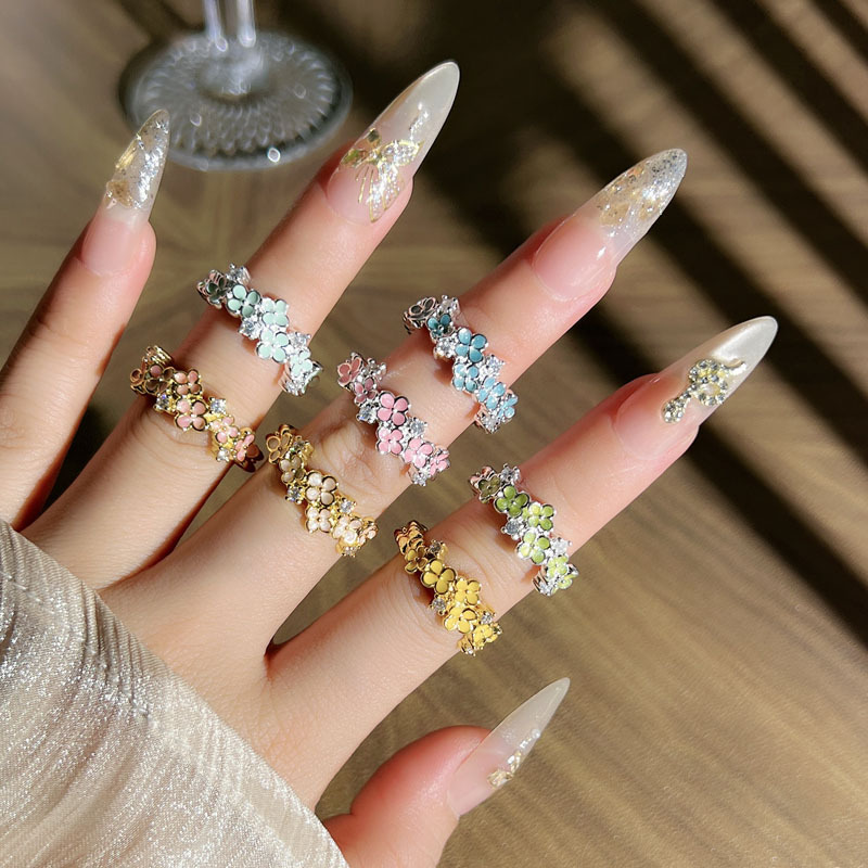 Dopamine retro style flower enamel drop glaze open ring, sweet and cool, light luxury, high-end feel, versatile ring trend full figure