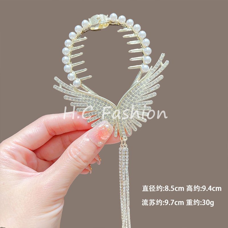 New Chinese-style feminine style flower bun hair clip, wing tassel ponytail buckle, back of the head updo headwear Specification drawing
