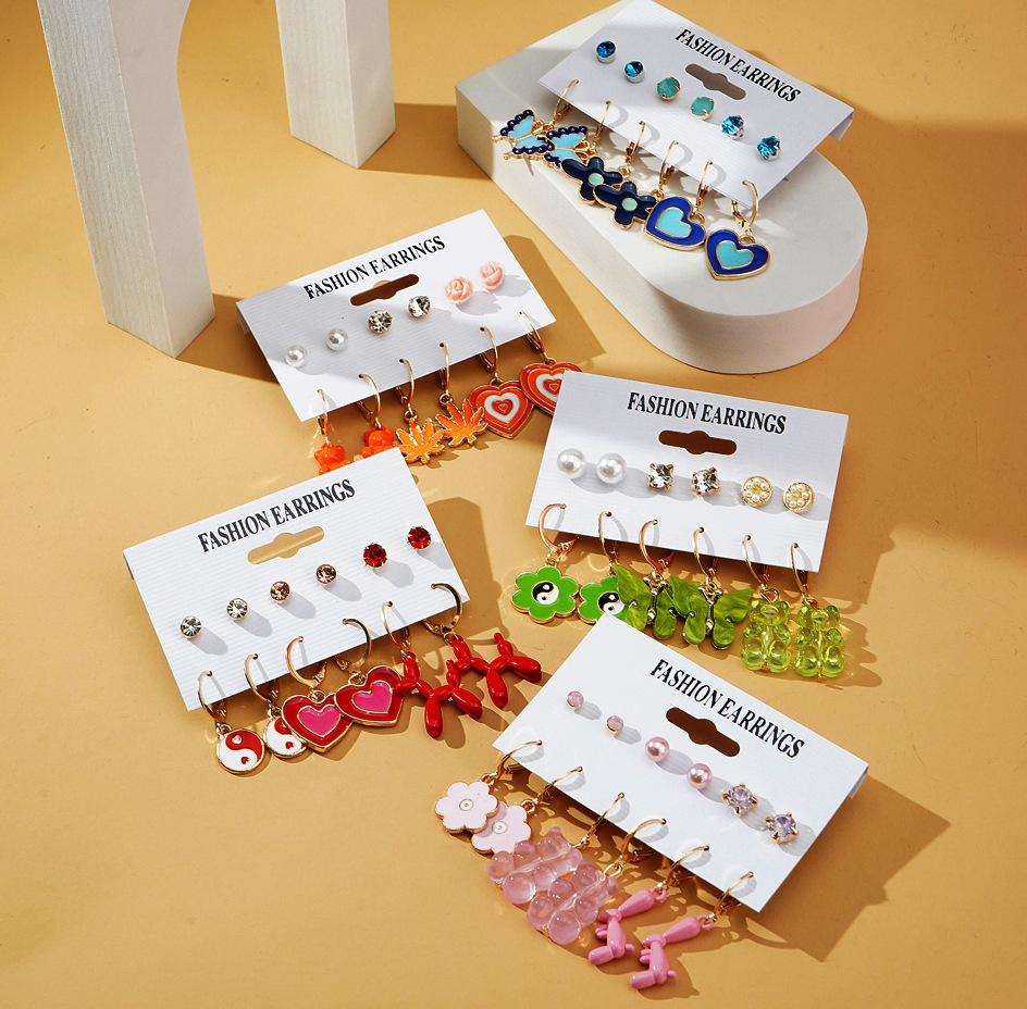 New cross-border oil-dripping maple leaf Flower heart pendant ear buckle 6-pair earring set, bear stud oil-dripping earrings full figure