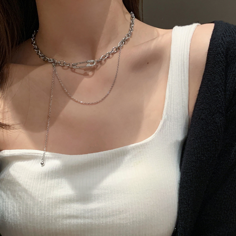 Pin necklace, women's Instagram hip-hop cold style double-layer sweet cool niche collarbone chain accessory, 2023 new style full figure