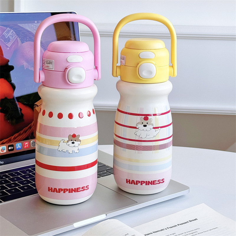 High appearance level handle double-drinking cup for students and couples, cute cartoon insulated cup, stainless steel outdoor portable straw cup for women Specification drawing