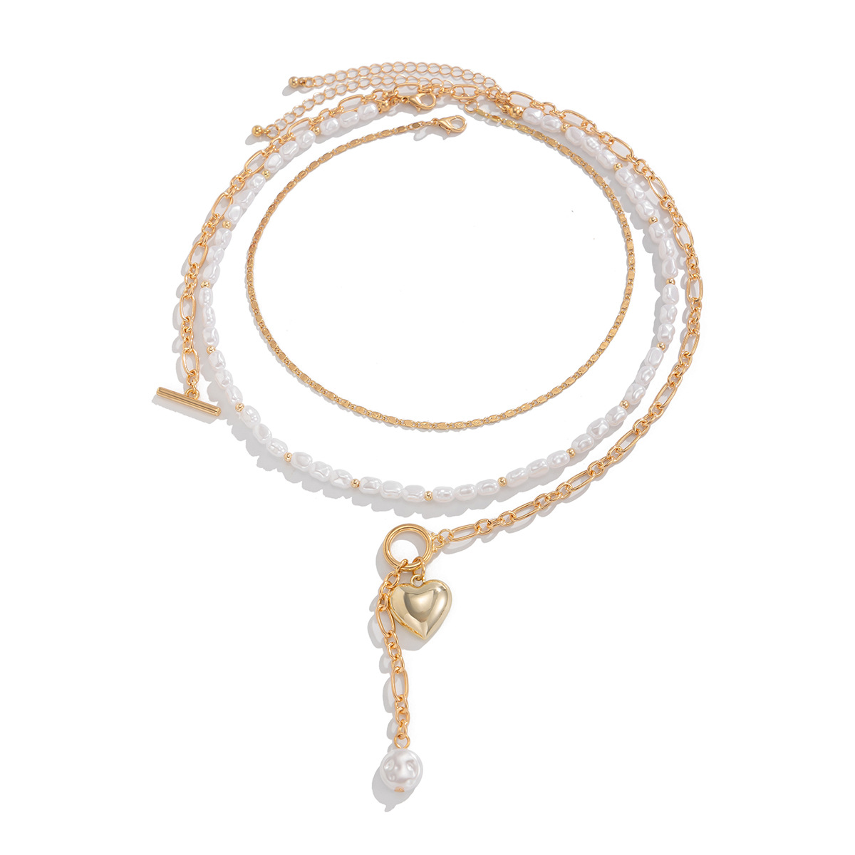 European and American cross-border style heart-shaped cross pendant necklace, Baroque imitation pearl beaded layering collarbone necklace Item Picture