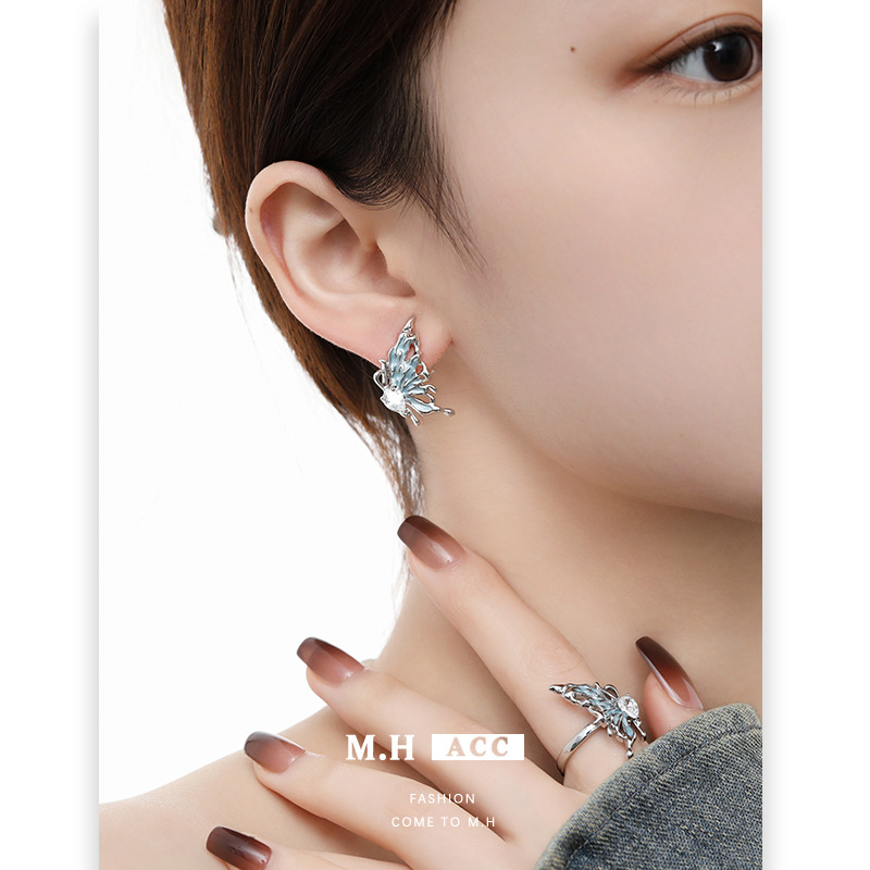 Korean-style blue butterfly earrings with a light luxury and high-end feel, fresh and light earrings, fashionable design sense, original and versatile earrings for women details Picture