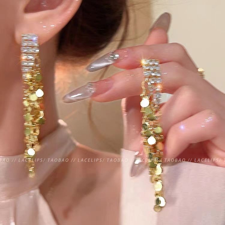 Long tassel gold sequined zircon stud earrings for women 2025 new bestseller, light luxury and high-end style earrings, exaggerated earrings full figure