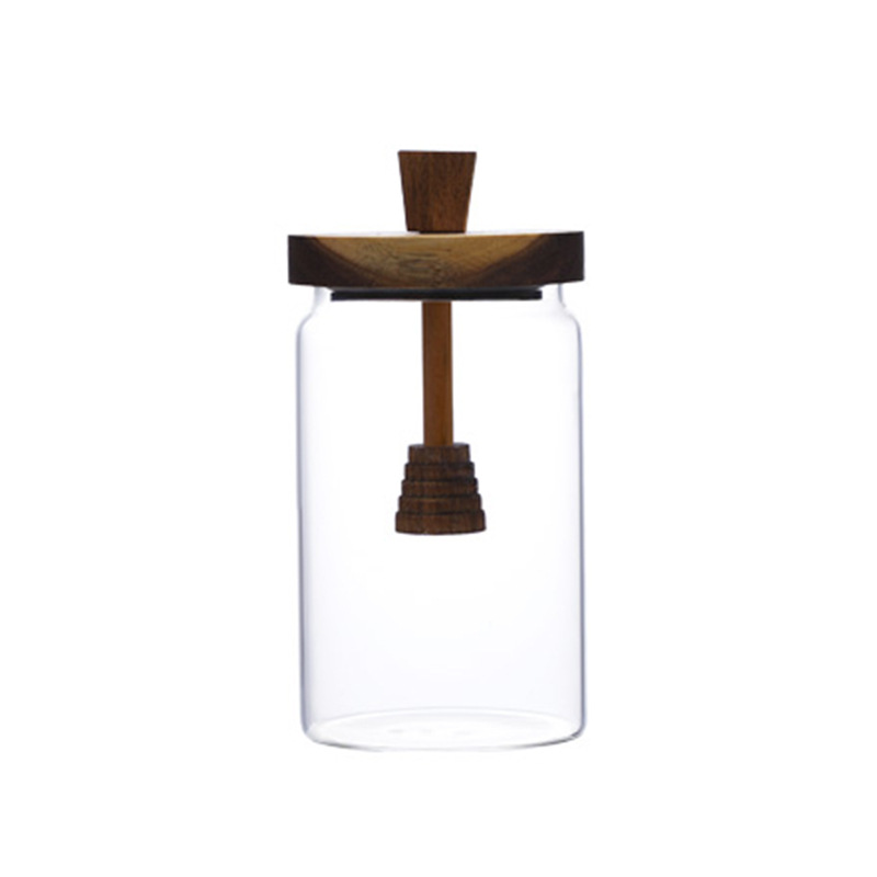 Wholesale new household thickened honey storage jars with stirring rods, acacia wood LIDS, transparent glass food sealing jars Item Picture