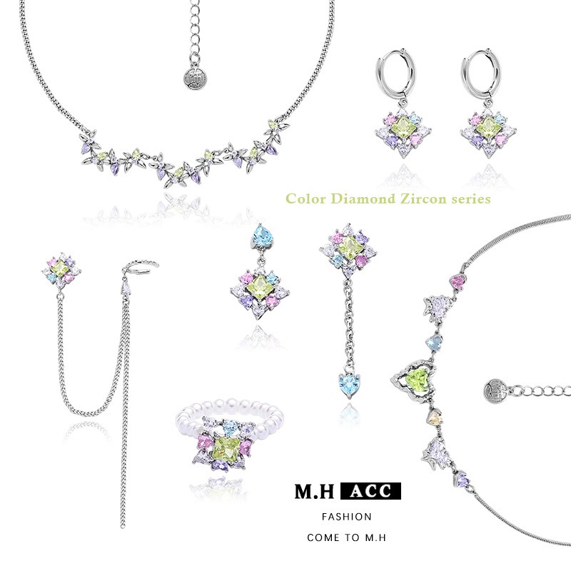 Harajuku colorful zircon asymmetrical earrings for women, light luxury European and American cross-border silver needle stud earrings, unique design earrings for hot girls full figure