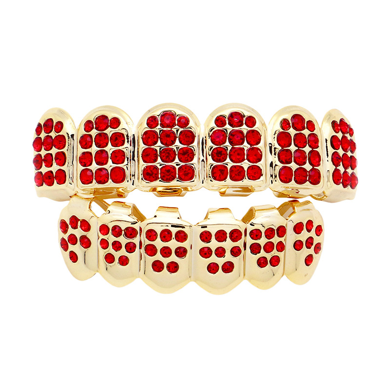 2024 Cross-border new gold-plated hip-hop braces for both men and women, multi-color diamond-encrusted six-toothed vampire sharp teeth accessories Item Picture