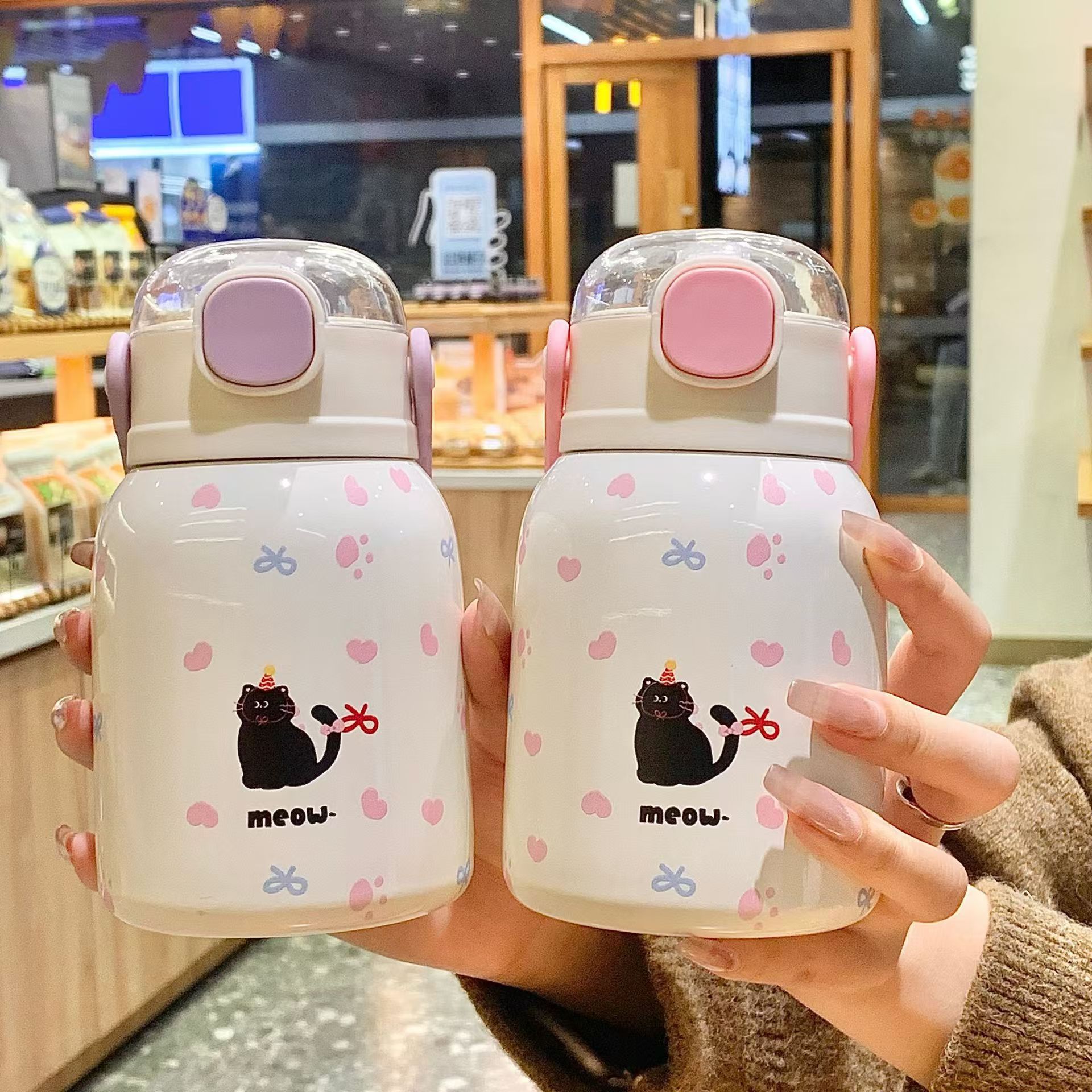 New cartoon cat insulated cup, high school girls' appearance level, ins straw cup, cute and portable for students, 316 stainless steel water cup full figure